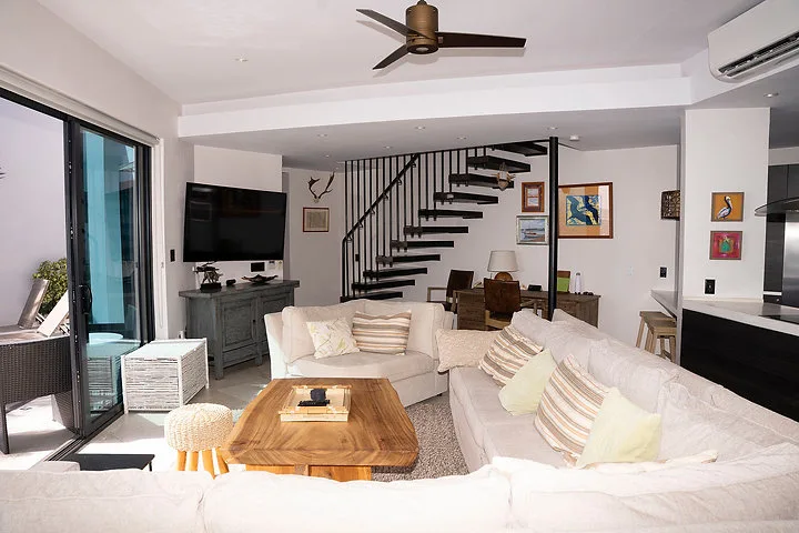 Villa Oasis | Private Garden and Ocean Views, 2-bedroom villa for sale in St Mary, Antigua & Barbuda - living room and staircase
