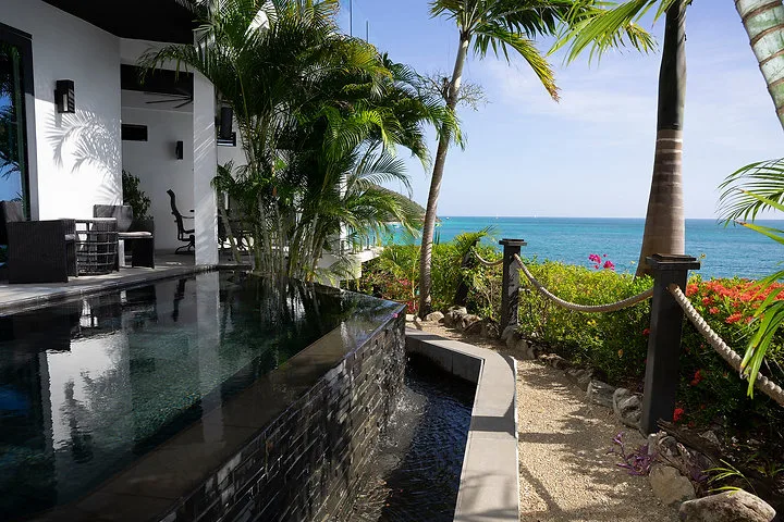 Villa Oasis | Private Garden and Ocean Views, 2-bedroom villa for sale in St Mary, Antigua & Barbuda - garden path beside the pool with sea views