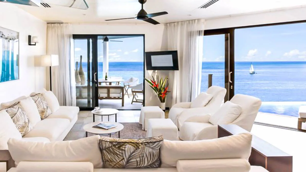 Tamarind Hills Villas | Luxury Beachfront Residences in Antigua, 1-bedroom villa for sale in St Mary, Antigua & Barbuda - living room opening to the sea