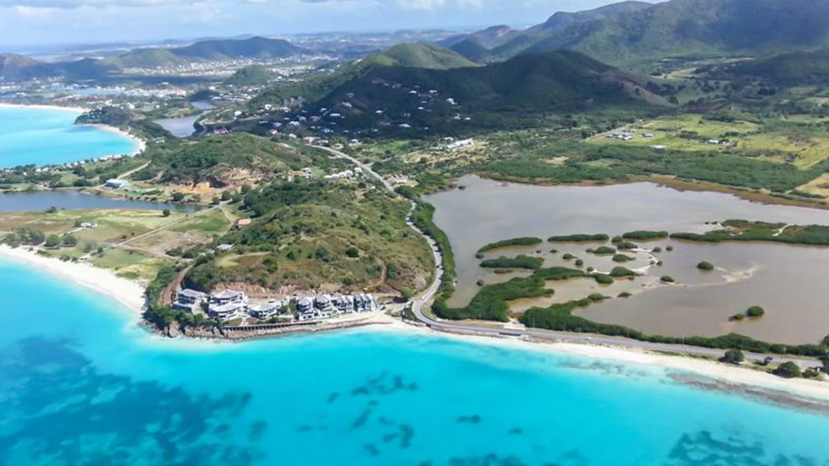 Tamarind Hills Villas | Luxury Beachfront Residences in Antigua, 1-bedroom villa for sale in St Mary, Antigua & Barbuda - aerial view of Tamarind Hills above Ffryes Bay