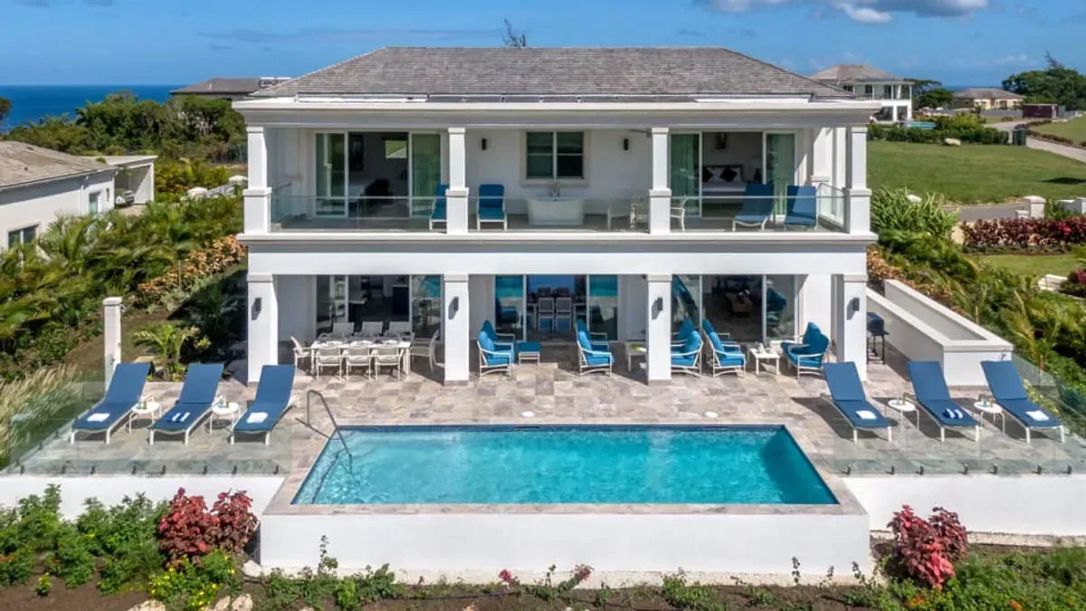 Jasmine Grove 2 | Modern Golf Course Villa at Royal Westmoreland, 4-bedroom villa for sale in St James, Barbados - aerial view of the villa and 32-foot pool