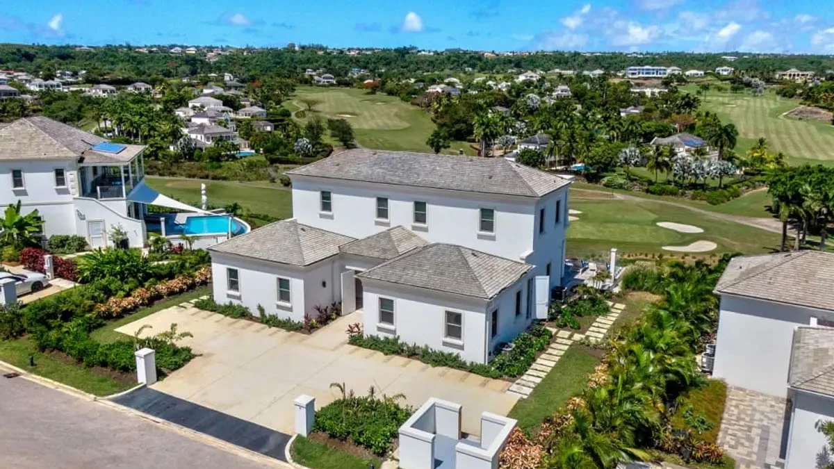 Jasmine Grove 2 | Modern Golf Course Villa at Royal Westmoreland, 4-bedroom villa for sale in St James, Barbados - aerial view of the villa within Royal Westmoreland