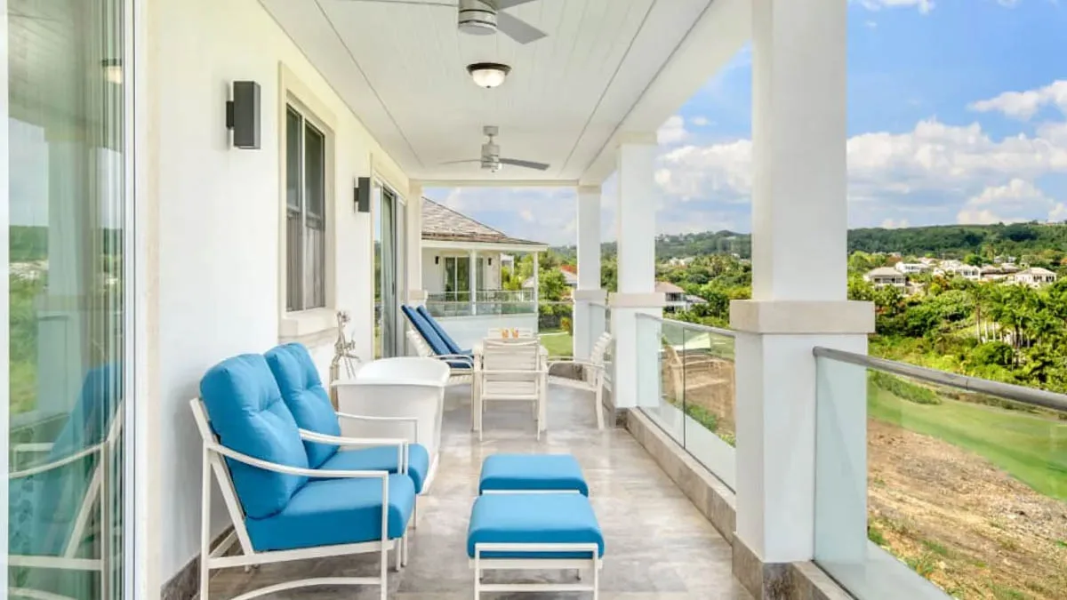 Jasmine Grove 2 | Modern Golf Course Villa at Royal Westmoreland, 4-bedroom villa for sale in St James, Barbados - covered bedroom terrace overlooking the fairways
