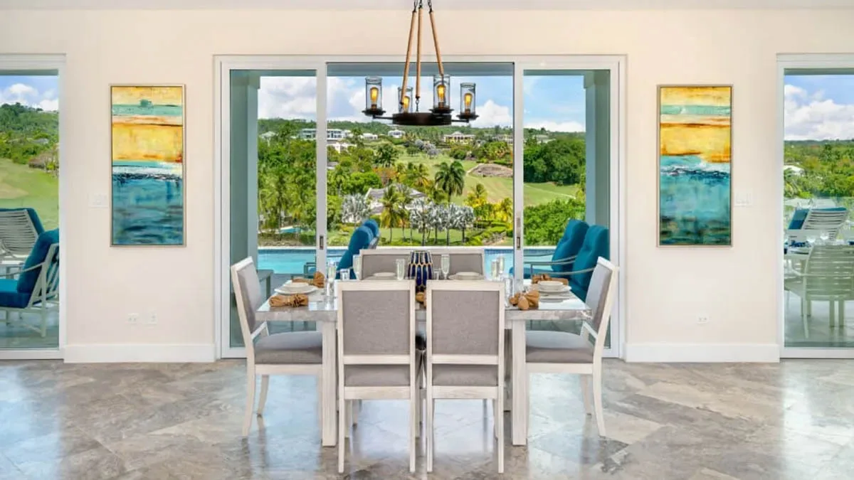 Jasmine Grove 2 | Modern Golf Course Villa at Royal Westmoreland, 4-bedroom villa for sale in St James, Barbados - dining room opening onto the terrace