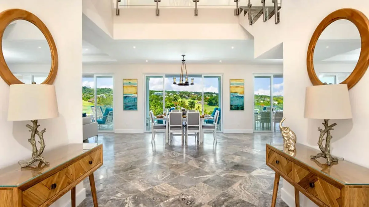 Jasmine Grove 2 | Modern Golf Course Villa at Royal Westmoreland, 4-bedroom villa for sale in St James, Barbados - entrance hall with the fairway view beyond