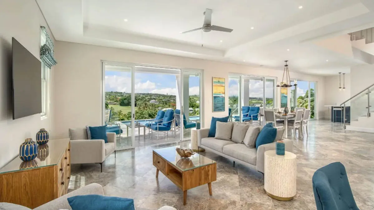 Jasmine Grove 2 | Modern Golf Course Villa at Royal Westmoreland, 4-bedroom villa for sale in St James, Barbados - living room with golf course views
