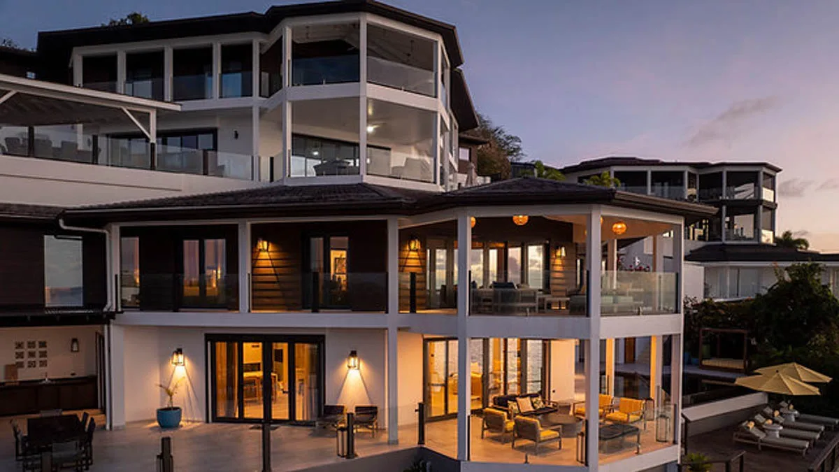 Villa Ocean 15 | Oceanfront Infinity Pool, 4-bedroom villa for sale in St Mary, Antigua & Barbuda - villa at dusk