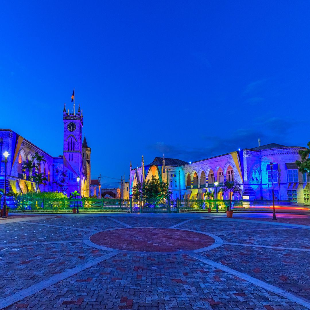 Bridgetown lit up at twilight for Barbados Independence Day